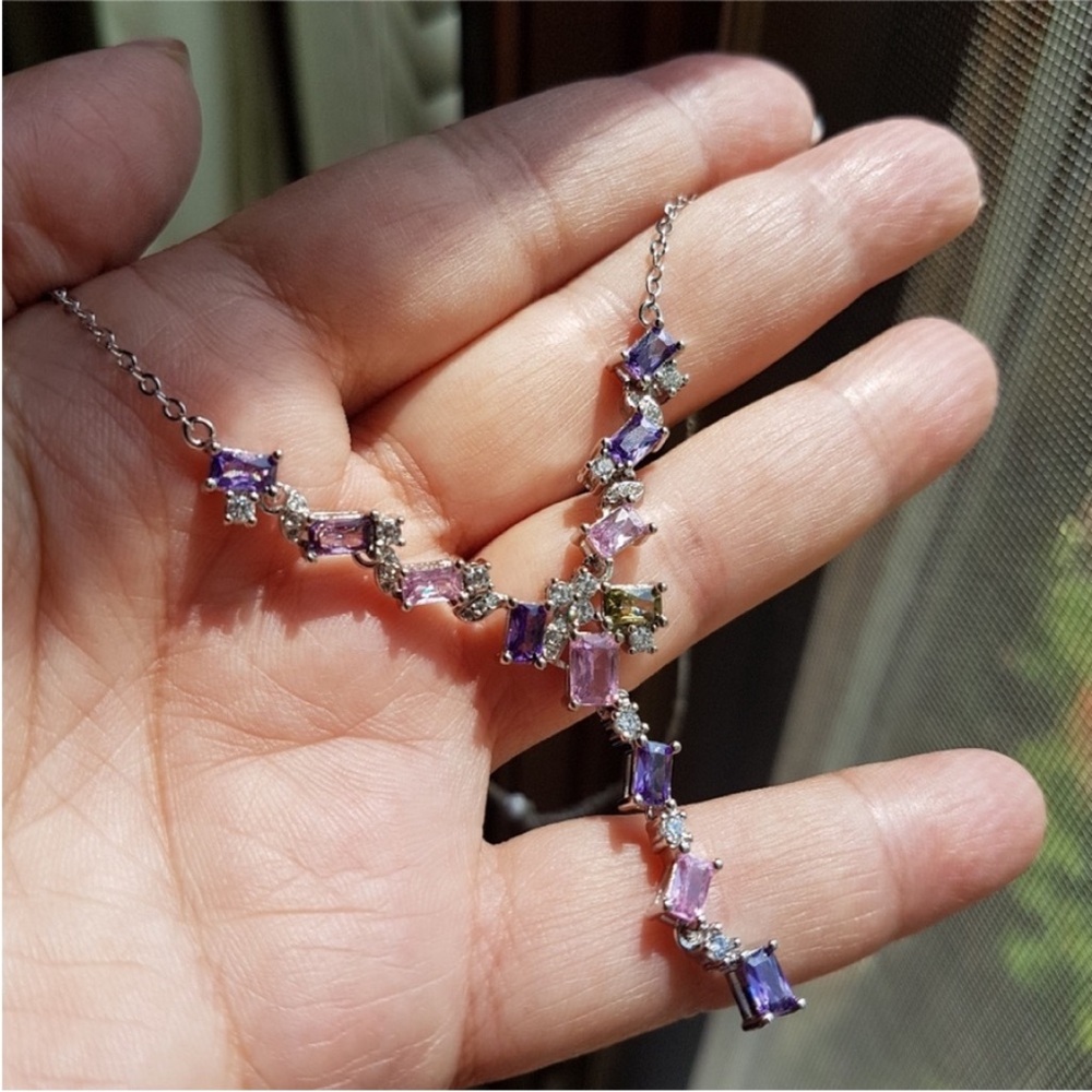 Swarovski Elements Platinum Multicolor Pink & Purple Gem Geometric Necklace NEW - Picture 8 of 13